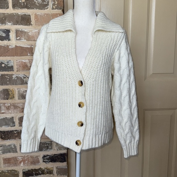 Wonderly Chunky Shawl Collar Cardigan White Cable Knit Sleeve Sweater Sz S - Picture 5 of 12